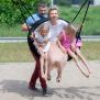 Single Swing (BNS 90cm) cu cadru negru și șezut tip plasă, suspendat pe lanțuri metalice.
